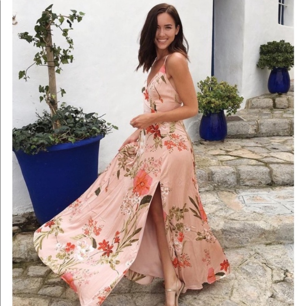 Lulu’s Still the One Blush Floral Satin Maxi Dress